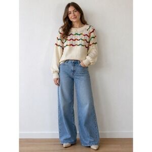 Andthewhy Ivory Rainbow Scalloped Pointelle Knit Tie Back Sweater ATW11026 S/M